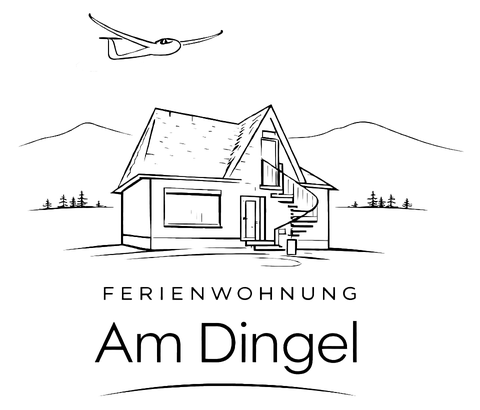 Logo Ferienwohnung Am Dingel: Haus mit Wendeltreppe, darüber ein Segelflugzeug
